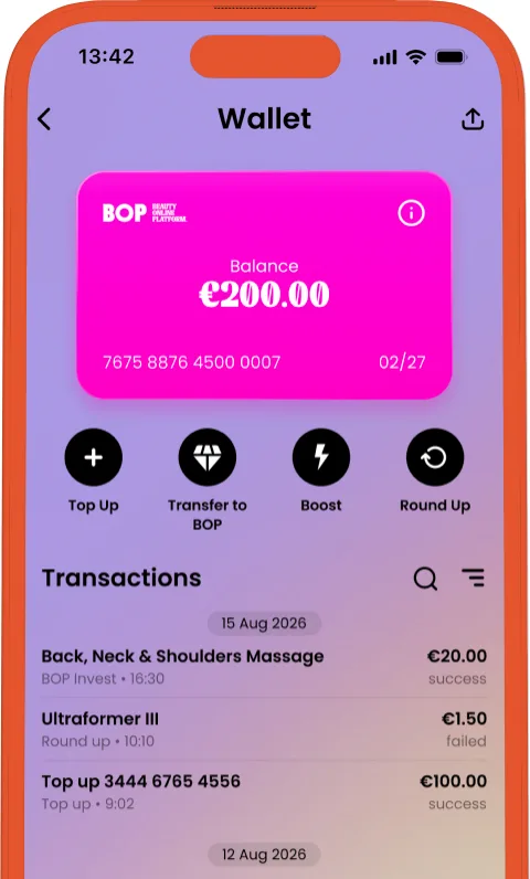 Wallet with the BOP card balance and recent transactions