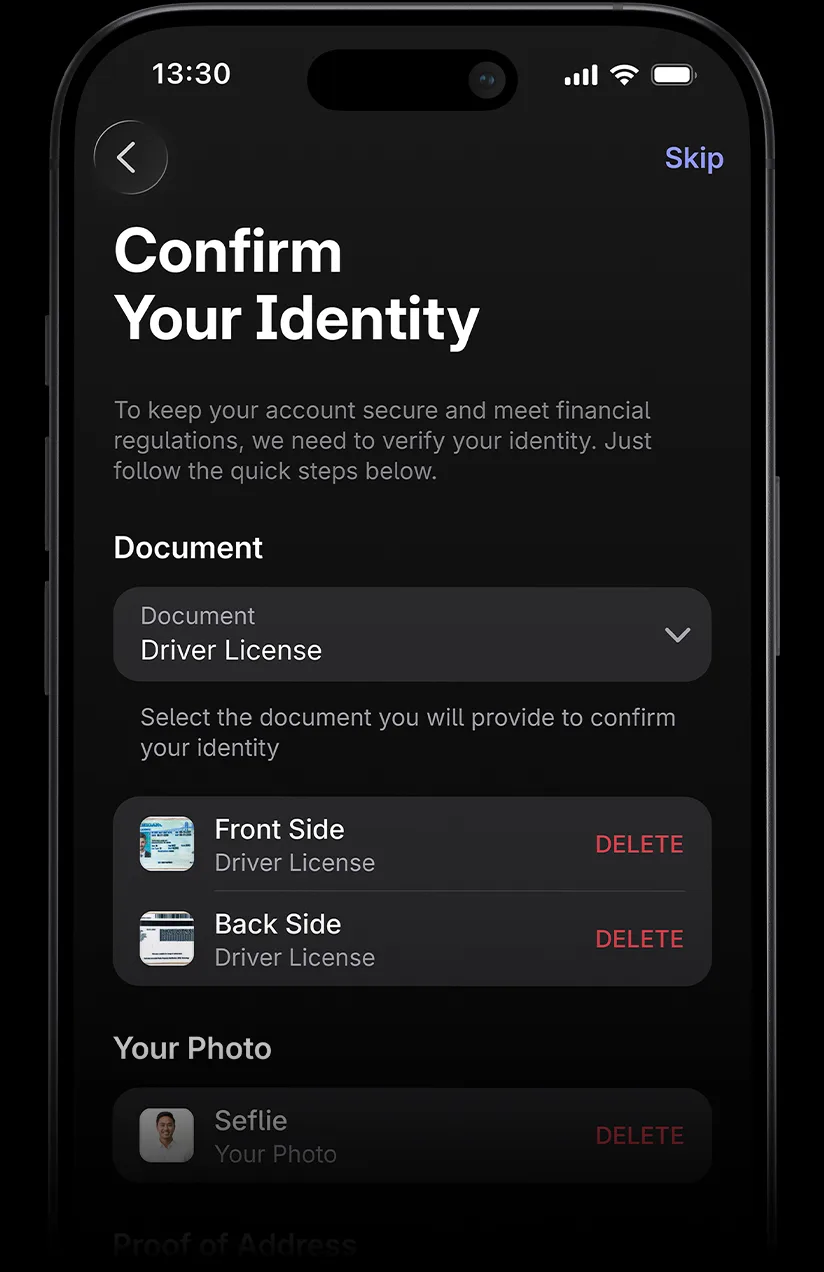 Identity confirmation screen with document upload