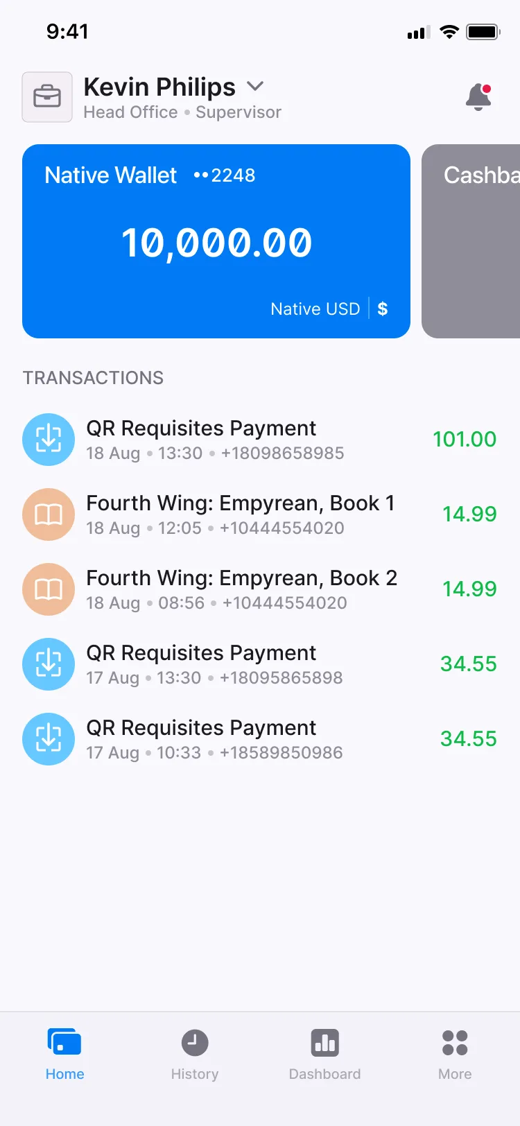 The business app’s home screen for a supervisor at Head Office, with the wallet and incoming payments