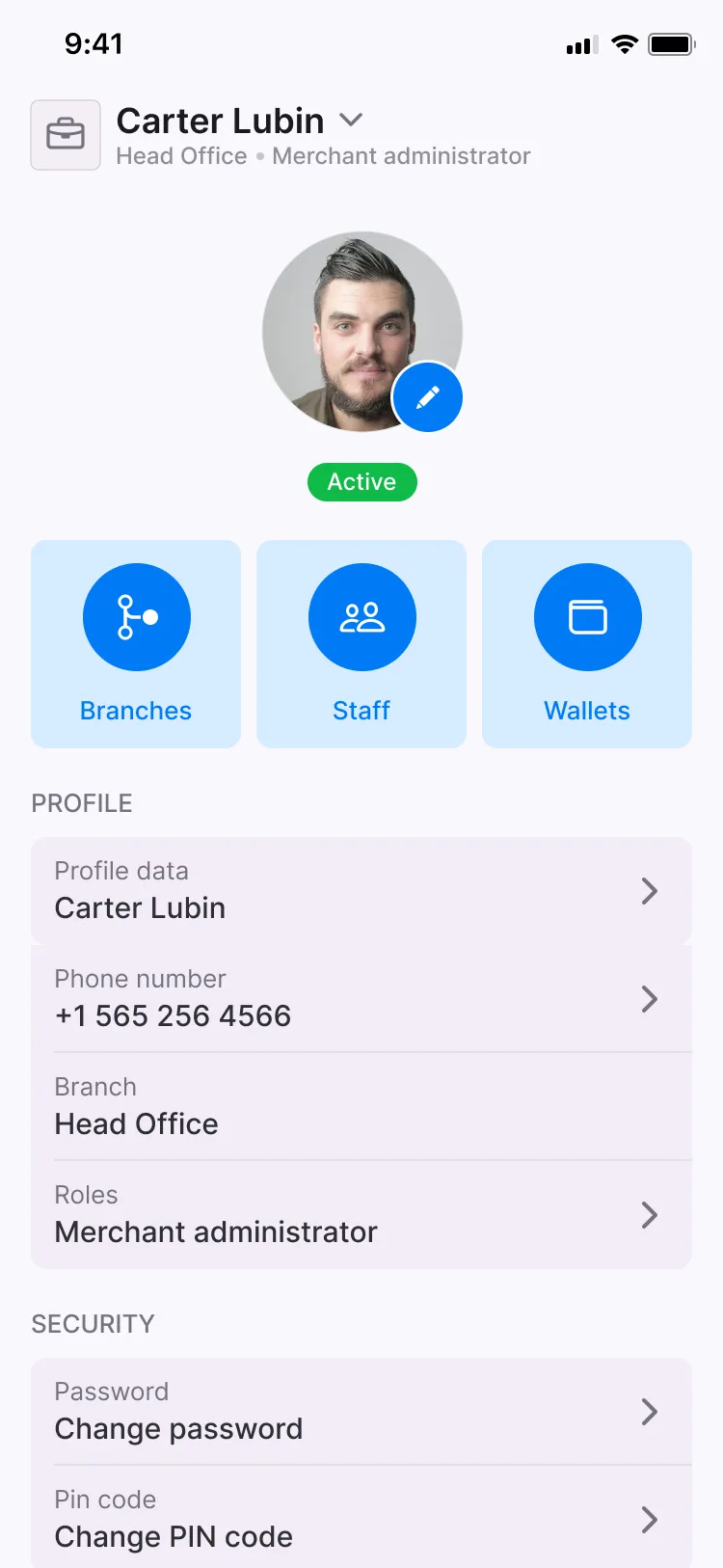 A merchant administrator’s profile with branches, staff and wallets