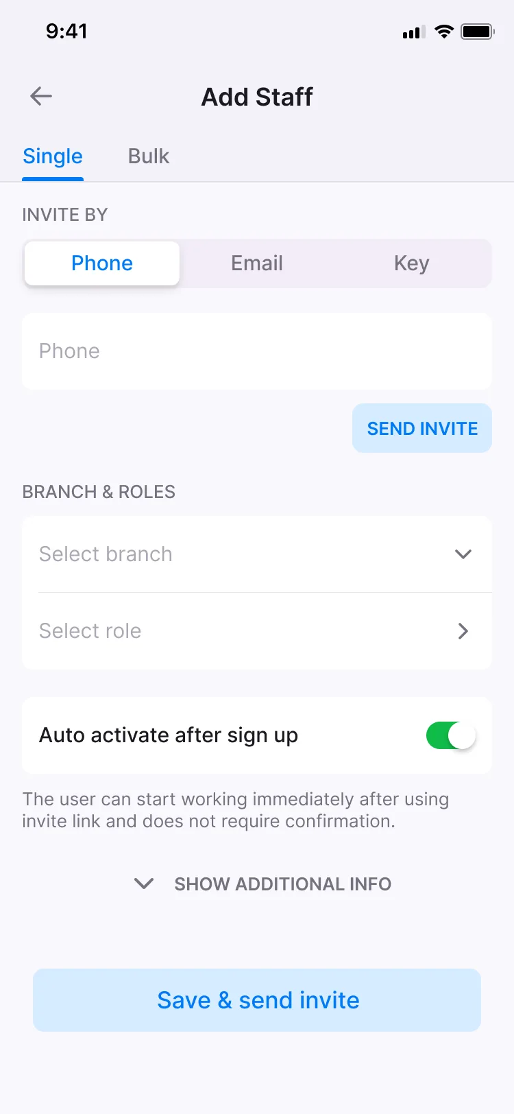 Inviting staff by phone, email or key, singly or in bulk