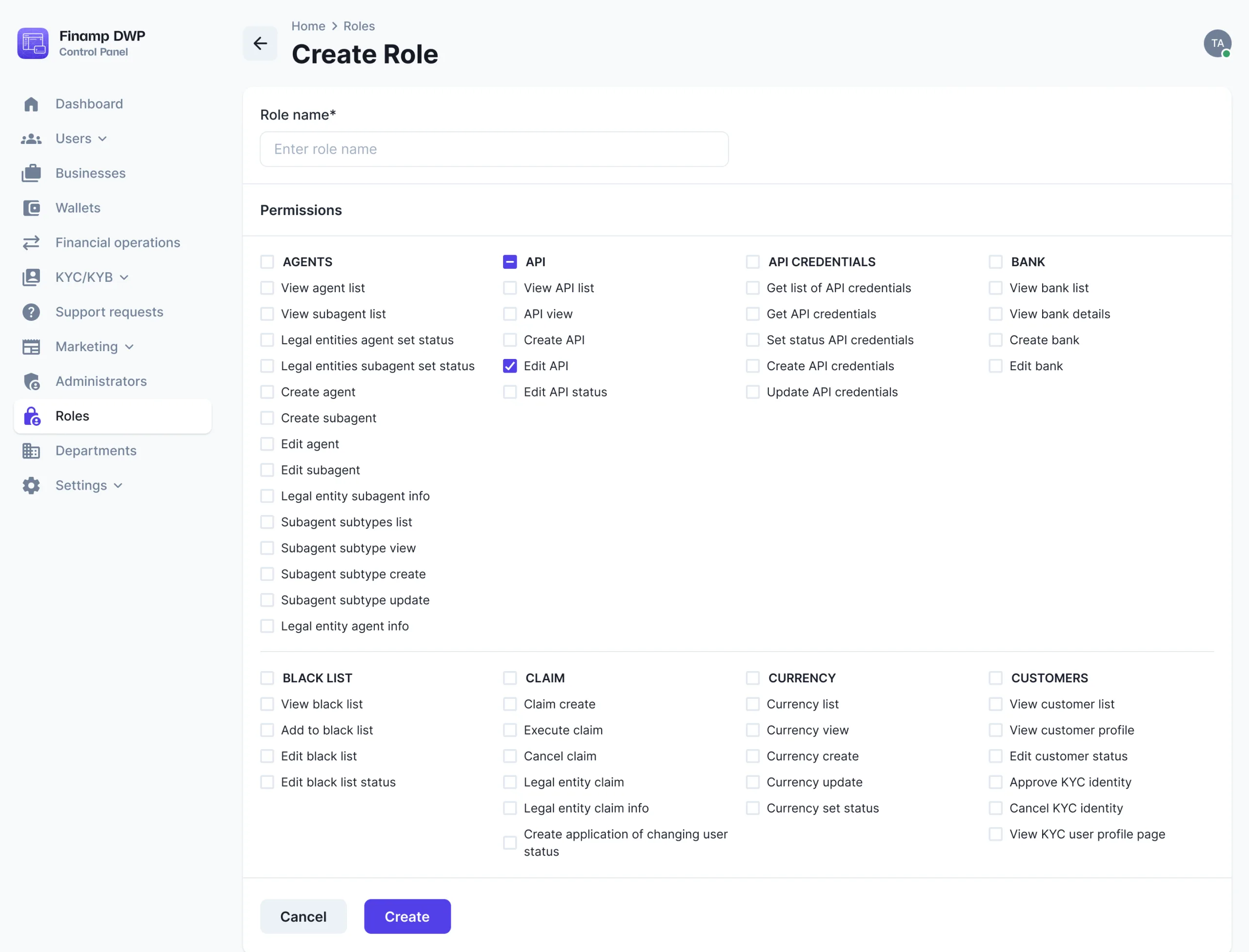 Creating a role and ticking its permissions
