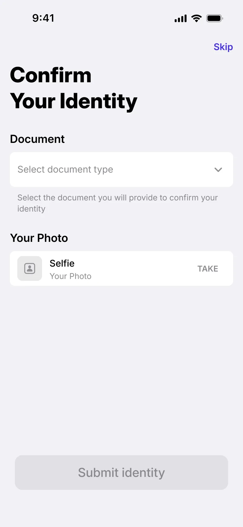 Identity check: choosing a document and taking a selfie