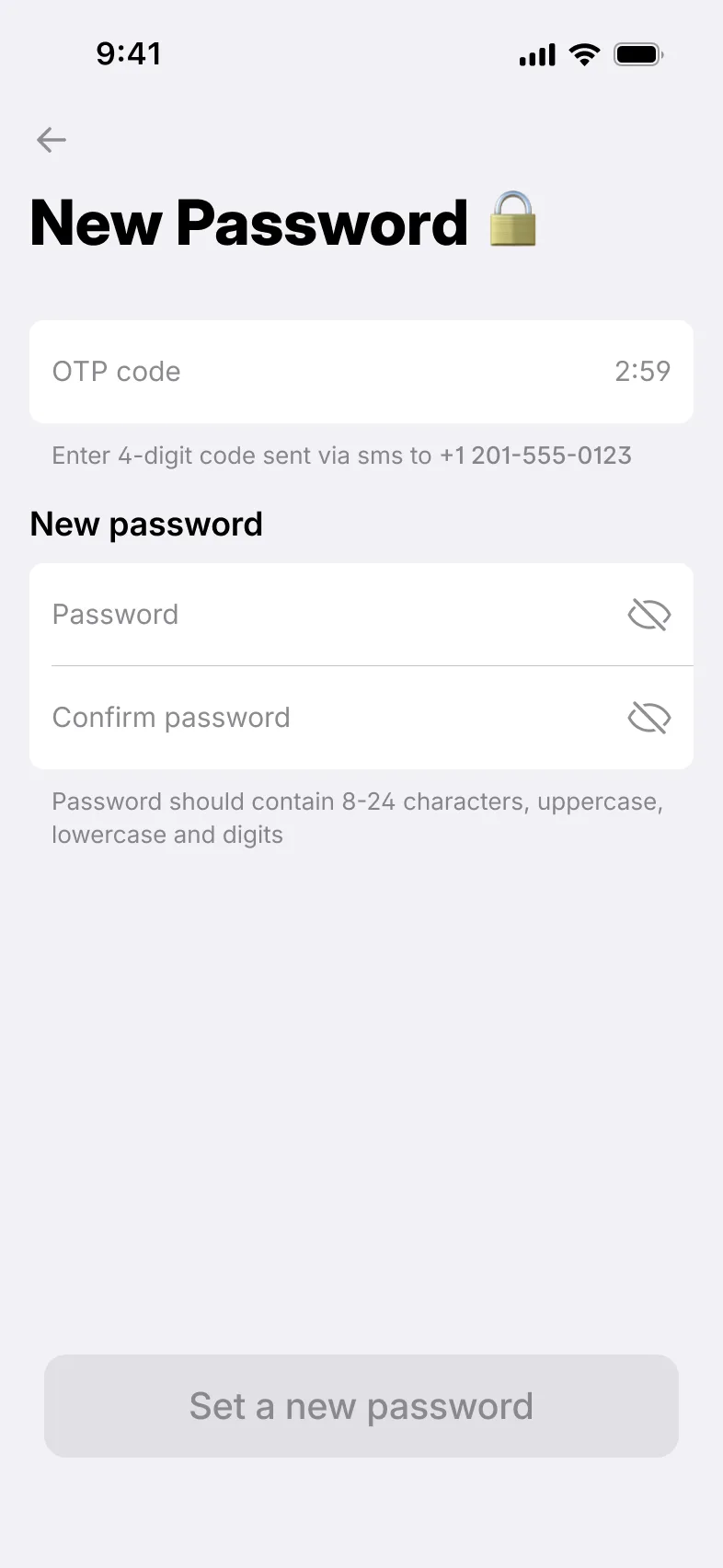 Setting a new password with an SMS code
