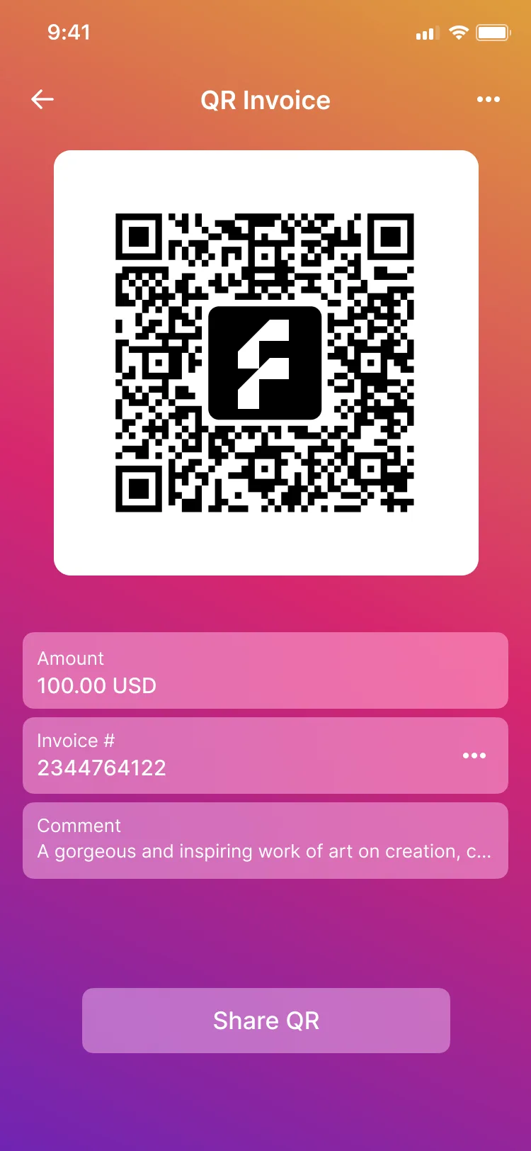 A QR invoice for 100.00 USD