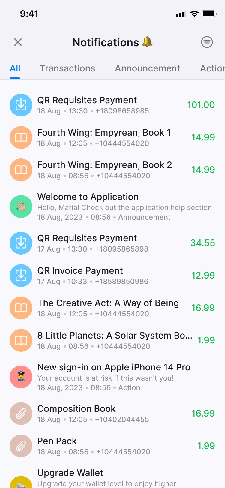 The notification centre: payments, announcements and account actions