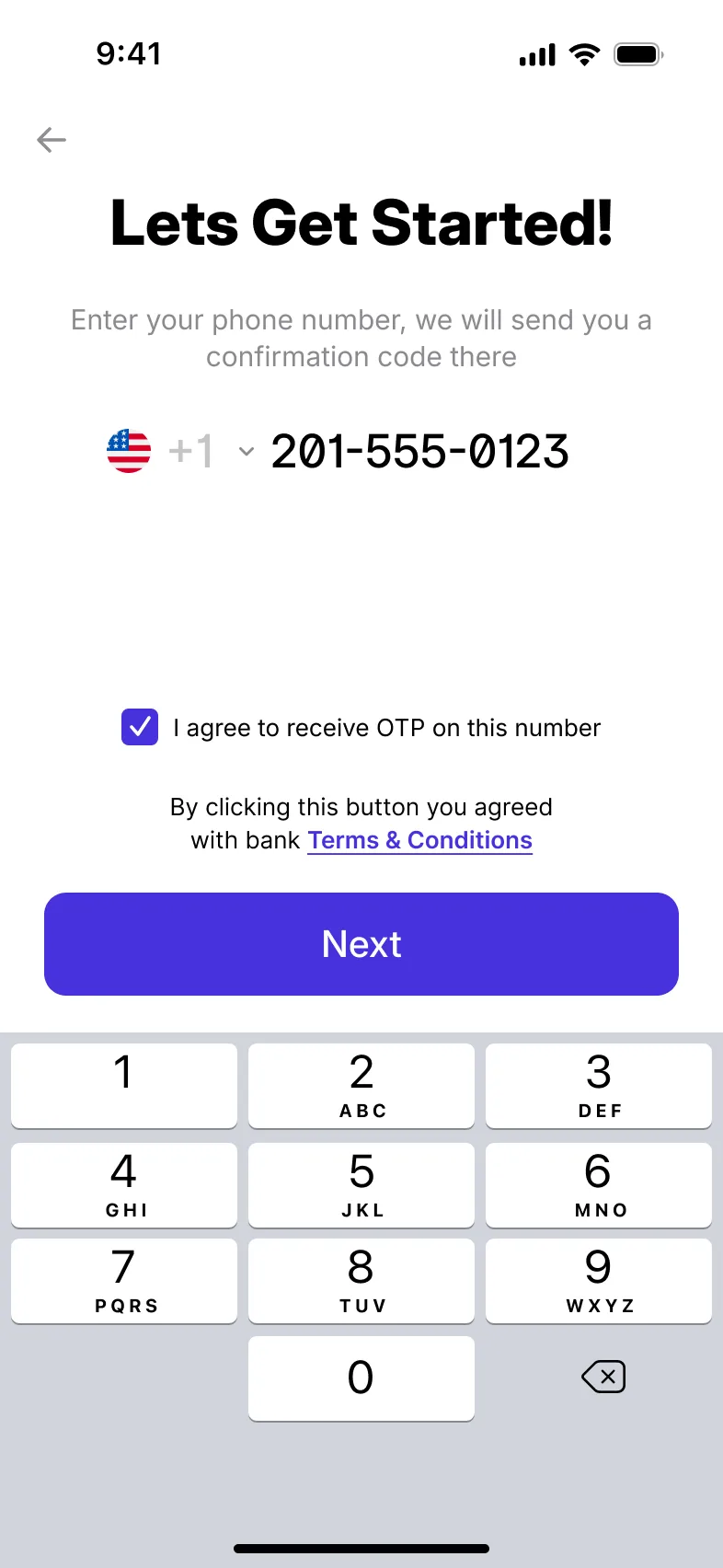 Sign-up: entering a phone number