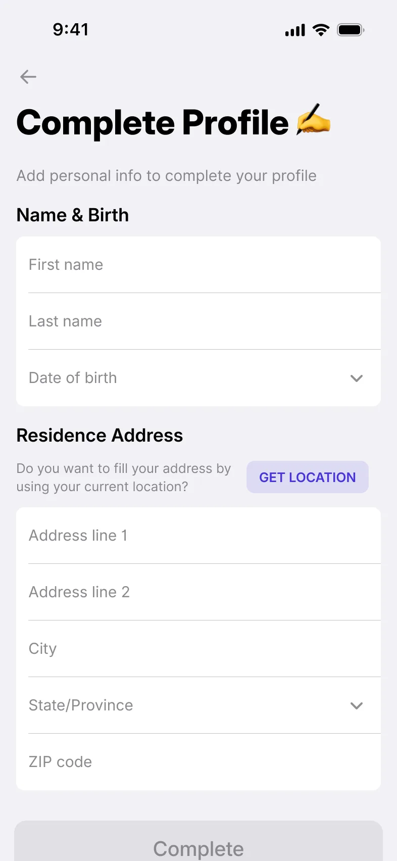 Sign-up: name, date of birth and address