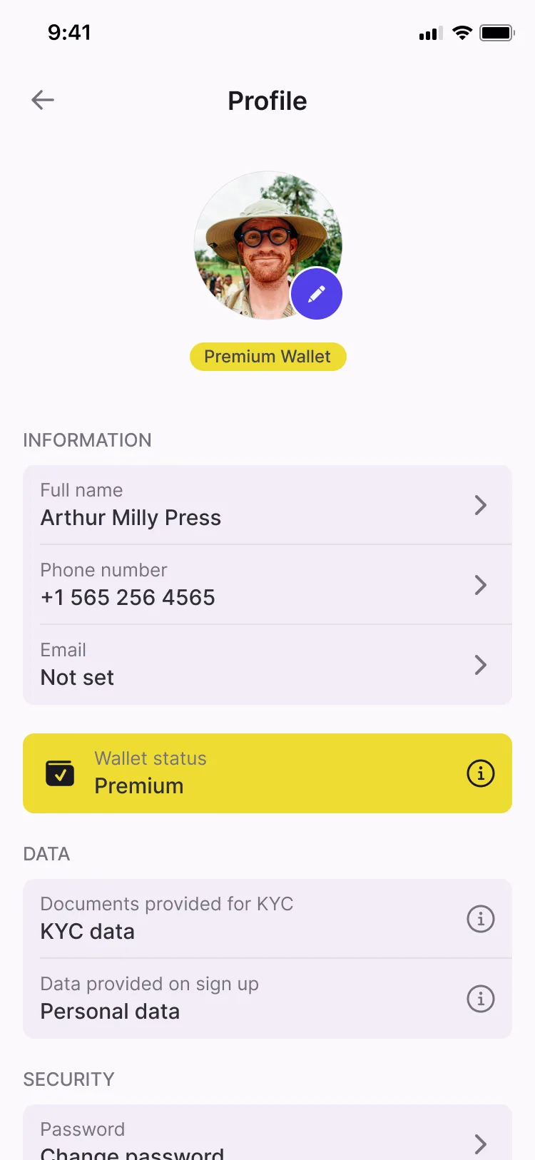 The profile screen with personal data and security settings