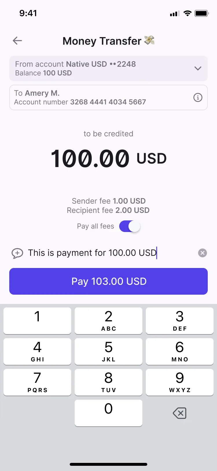 A transfer with a payment comment and fees shown