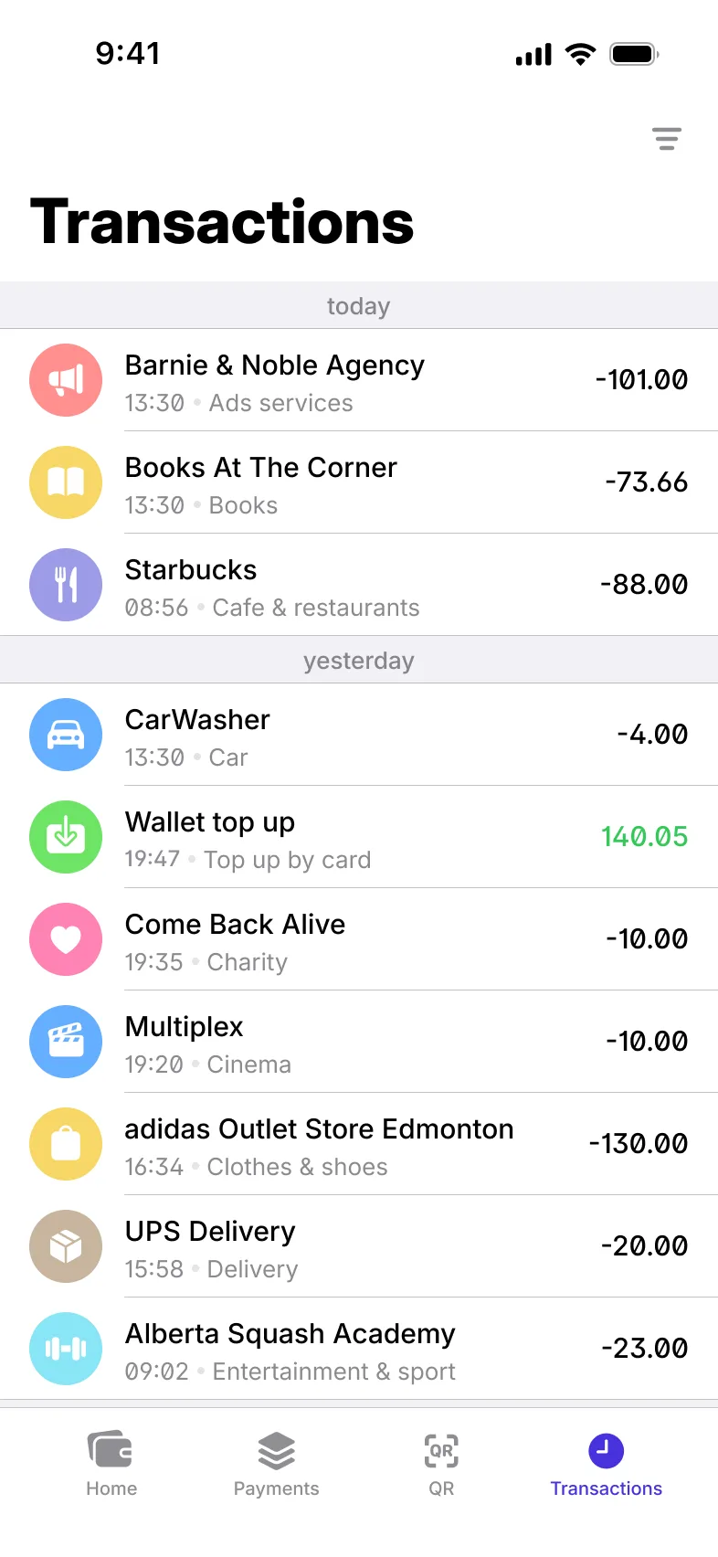 Transaction history grouped by day, each payment with its category
