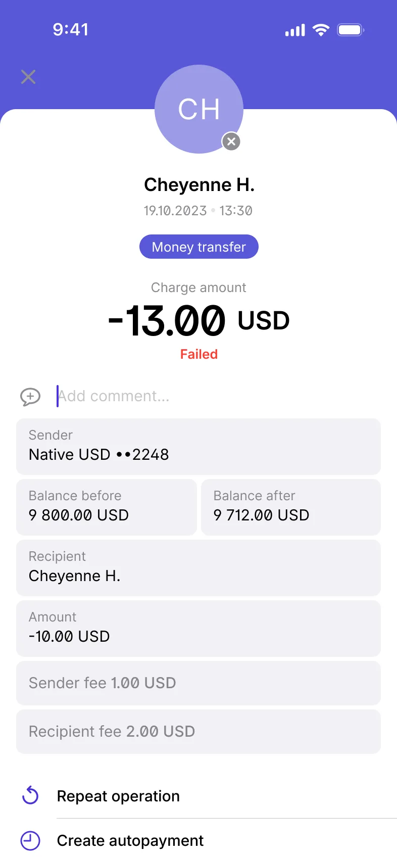 Transaction details with repeat, receipt and report actions