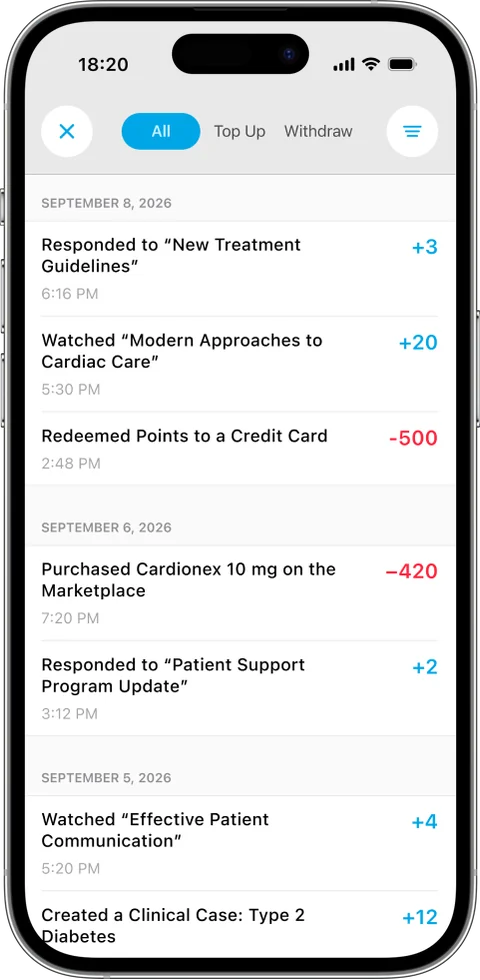 Reward activity feed showing points earned and redeemed