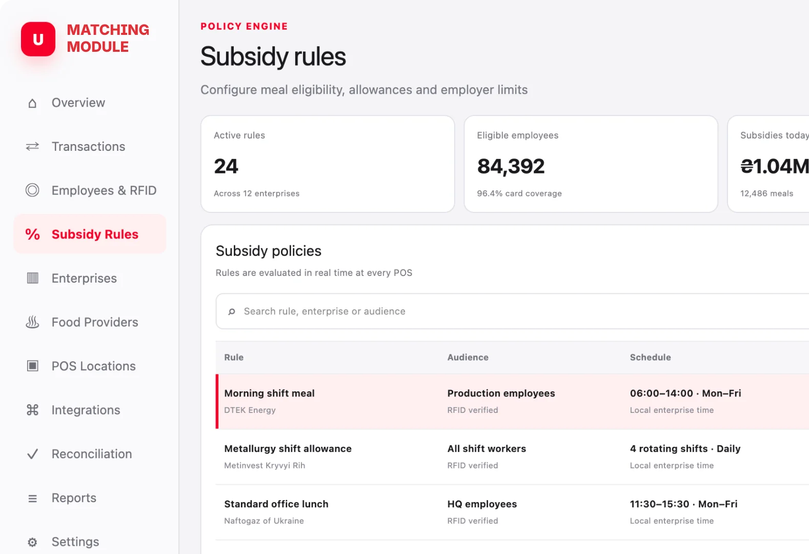 Matching Module subsidy rules screen