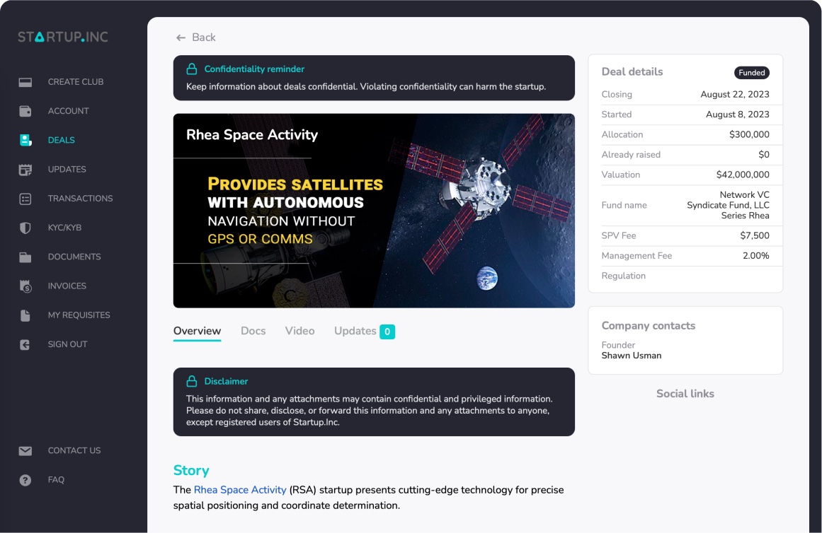 Startup.inc “Rhea Space Activity” deal detail on the platform