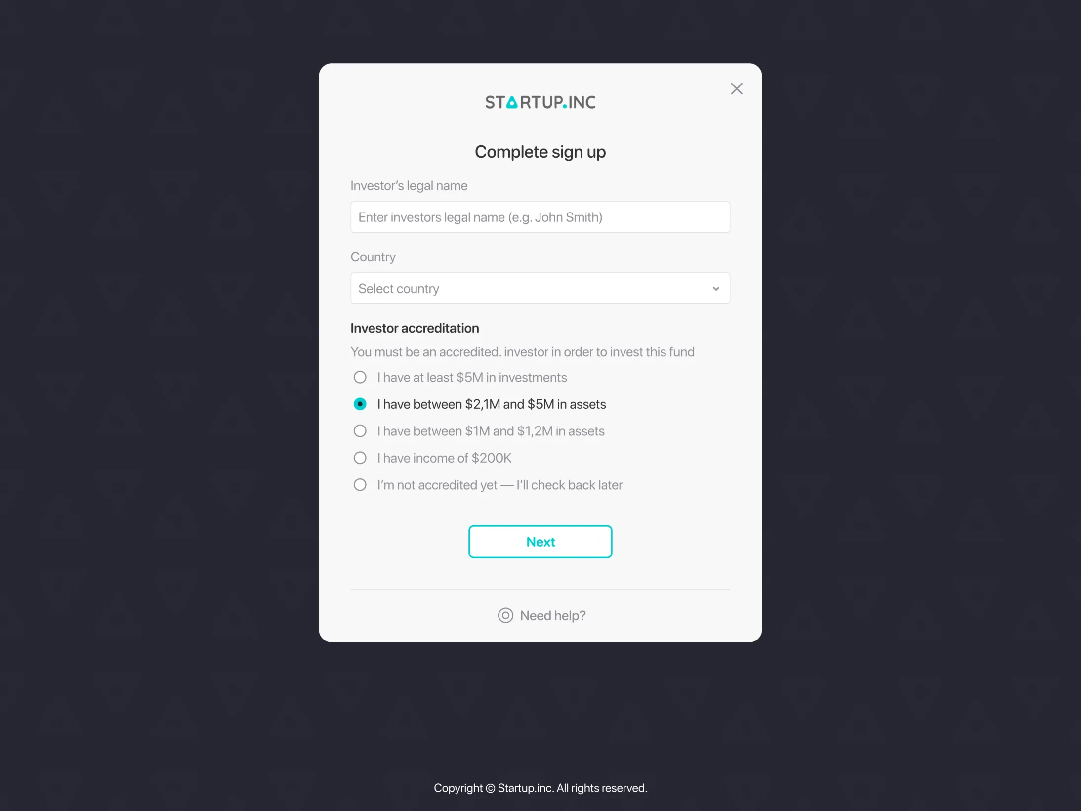 Investor onboarding and accreditation screen