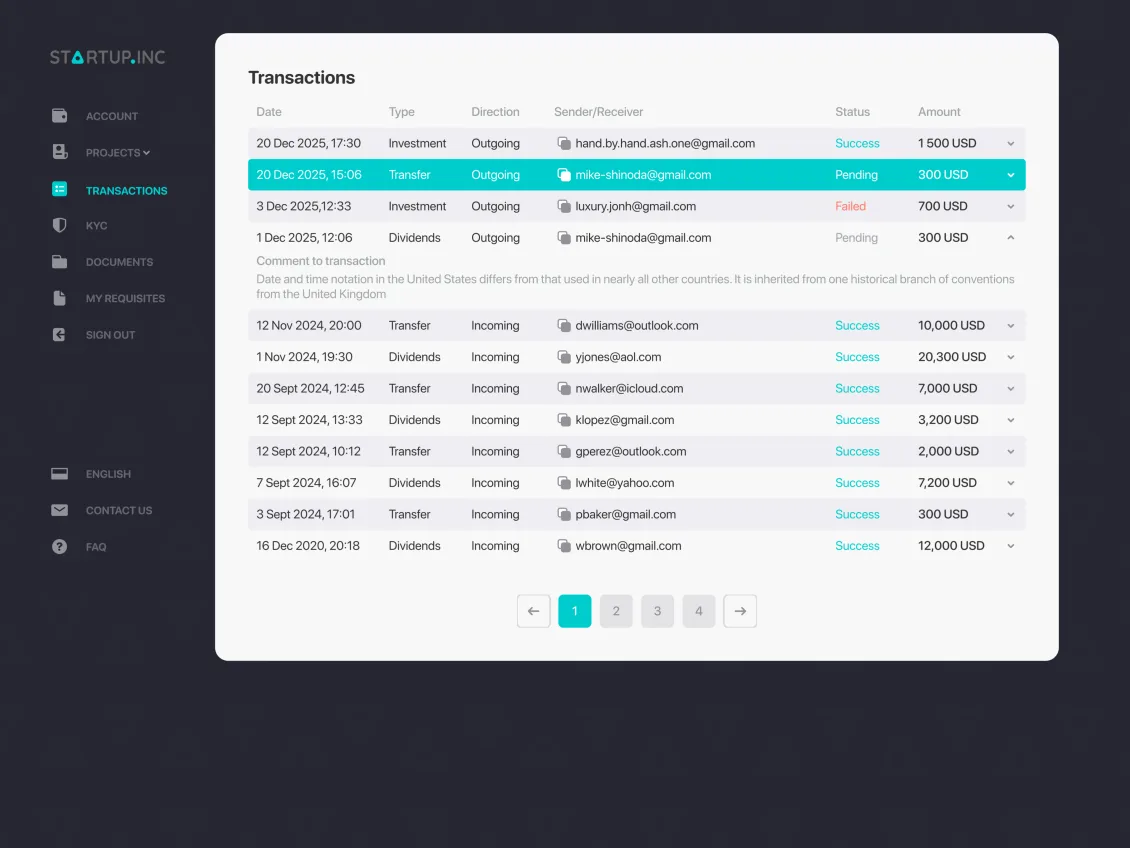 Transaction history screen
